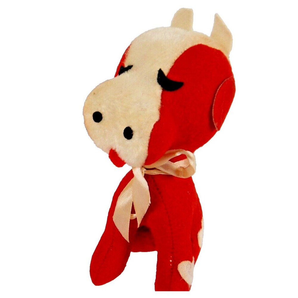 Cow Plush Stuffed Animal Hearts Red and White/Cream Made in Japan 6" Vintage